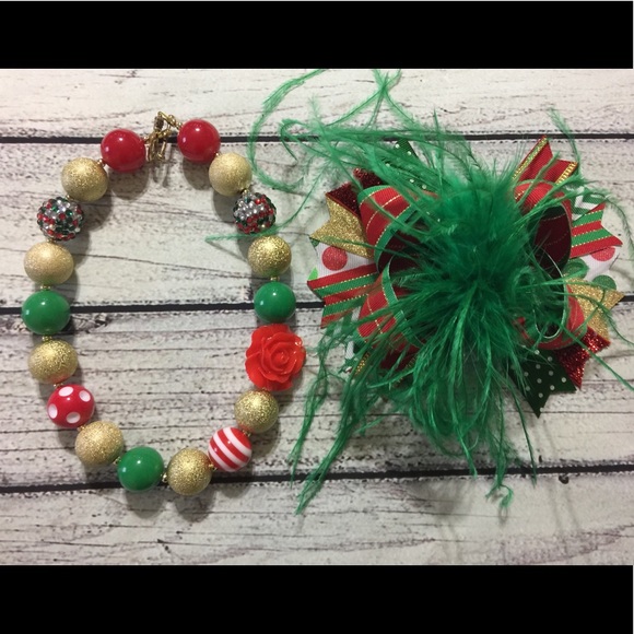 Red Silver Christmas Hair Bow And Christmas Chunky Necklace Set